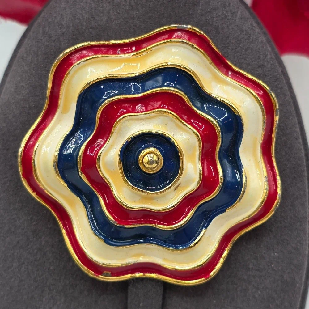 Marvella Enamel Flower Rosette Brooch Red White Blue Gold Tone Signed Jewelry‎